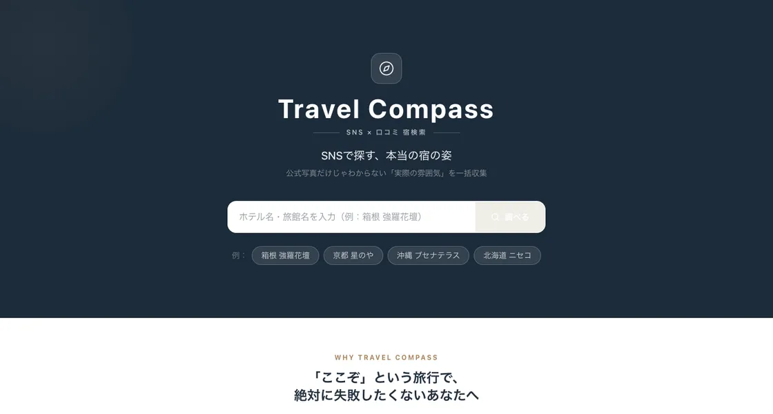濃紺の背景にコンパスのアイコンと「Travel Compass SNS × 口コミ 宿検索」のロゴ、「SNSで探す、本当の宿の姿」のコピー、ホテル名の検索ボックスと「箱根 強羅花壇」などの候補チップを配したトップ画面